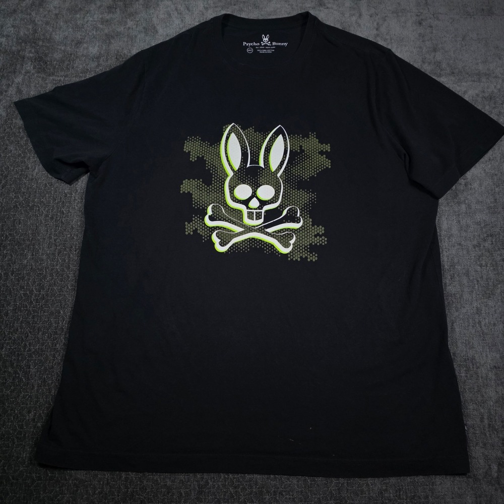 Psycho Bunny Graphic Tee Mens 2XLT Black Camo Skull Bunny Logo Pima Cotton